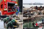 Các lực lượng phối hợp xử lý sự cố tràn dầu tại khu vực bờ biển xã Kỳ Lợi