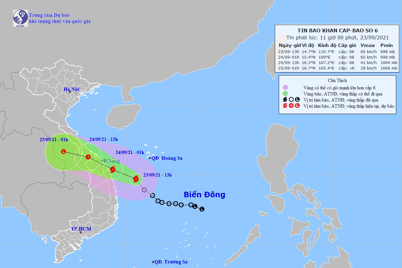 Áp thấp thành cơn bão số 6, hướng vào Nam Trung bộ, Hà Tĩnh có mưa từ đêm nay